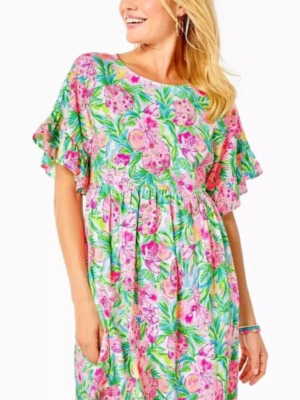 Lilly Pulitzer Tiltson Swing Dress Flutter Sleeves in Resort White Pear Preppy